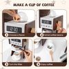 Wooden play kitchen with coffee machine, featuring rotary knobs and accessories for imaginative role play.