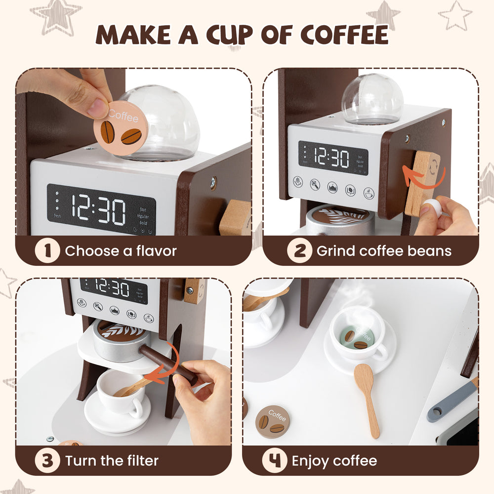 Wooden play kitchen with coffee machine, featuring rotary knobs and accessories for imaginative role play.