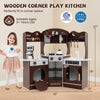 Wooden corner play kitchen in brown with coffee machine, slide, and interactive features for kids aged 3 and up.