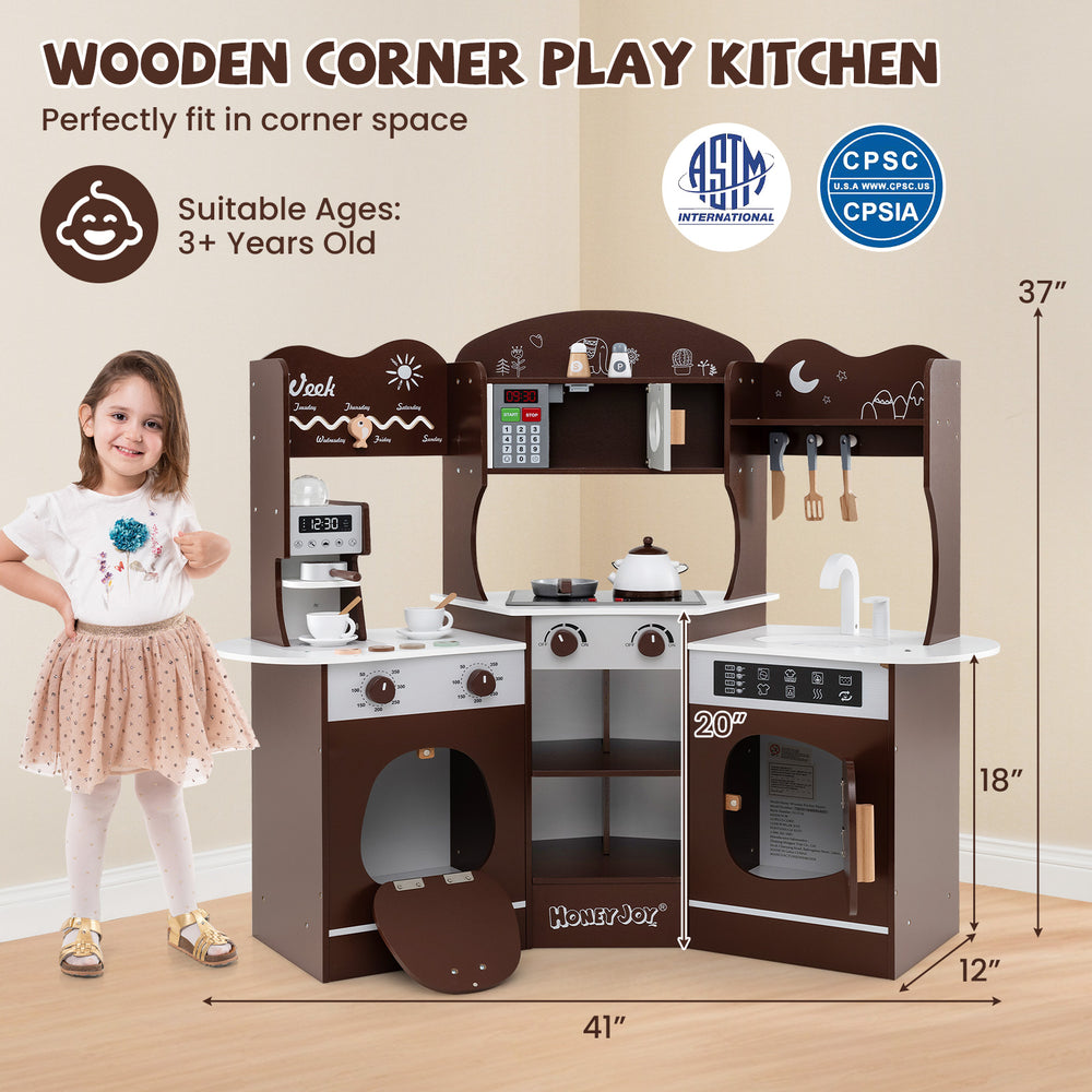 Wooden corner play kitchen in brown with coffee machine, slide, and interactive features for kids aged 3 and up.