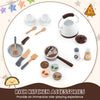 Wooden play kitchen accessories including a coffee machine, utensils, and play food for immersive role-playing fun.