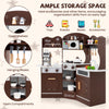 Corner wooden play kitchen in brown with coffee machine, slide, and ample storage for toys and accessories.