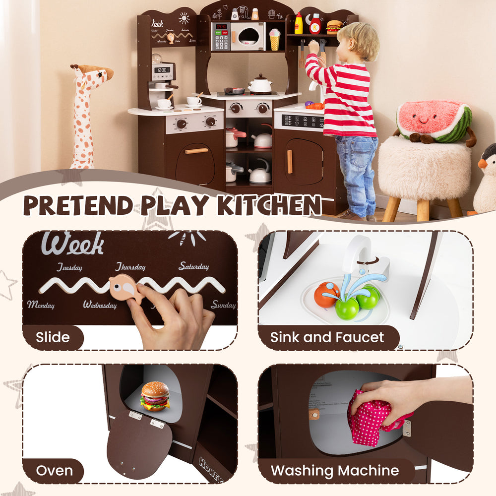 Corner wooden play kitchen in brown featuring a slide, sink, oven, and coffee machine for immersive role play.