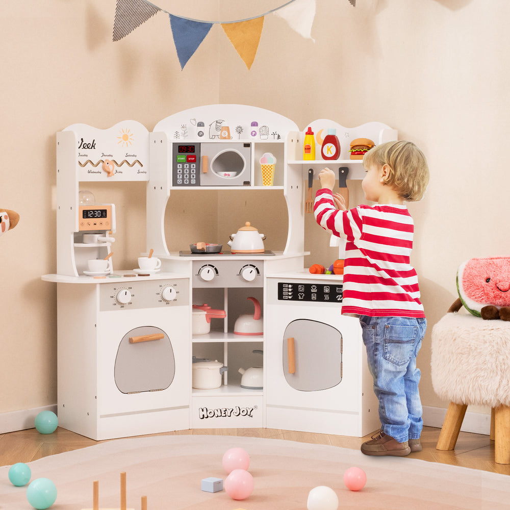 Corner Wooden Play Kitchen with Coffee Machine and Slide for Kids-White - Gallery View 1 of 11