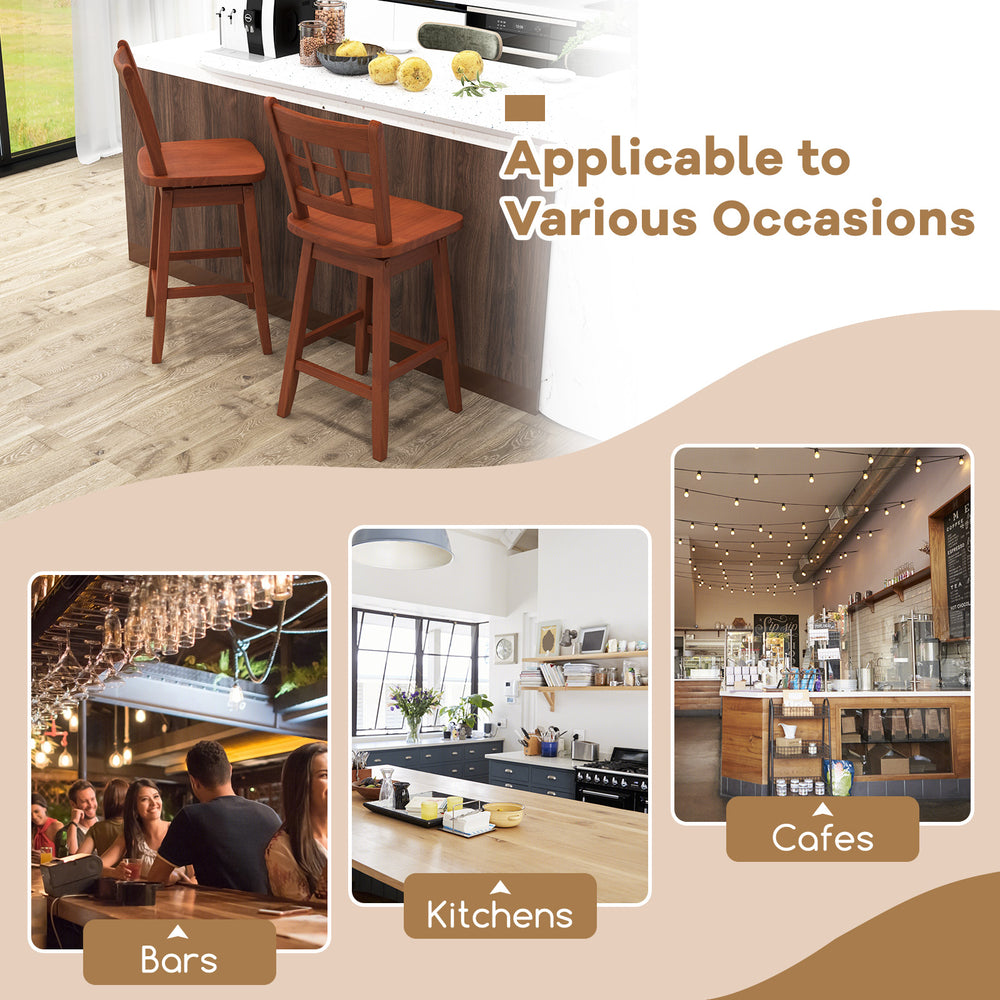 Counter height barstools set of 2 with hollow back, brown rubber wood frame, ideal for bars, kitchens, and cafes.