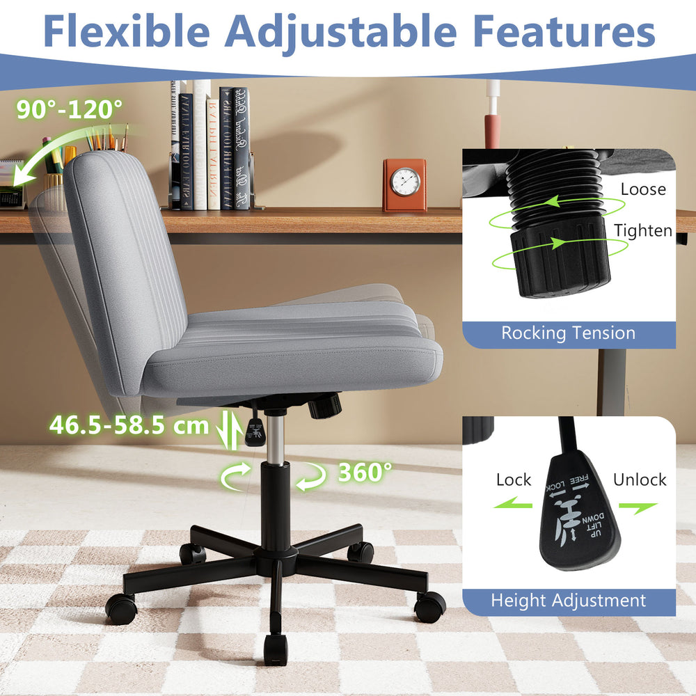 Gray Criss Cross Chair with wheels, featuring a wide seat, height adjustment, and rocking tension for versatile use.