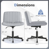 Gray Criss Cross Chair with Wheels showing dimensions, featuring a wide seat and 350 lbs weight capacity for comfort.