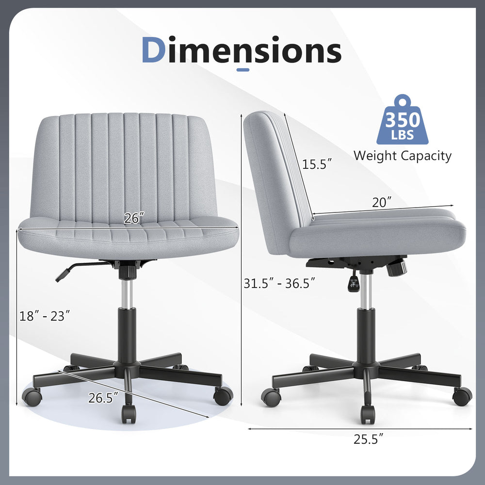 Gray Criss Cross Chair with Wheels showing dimensions, featuring a wide seat and 350 lbs weight capacity for comfort.