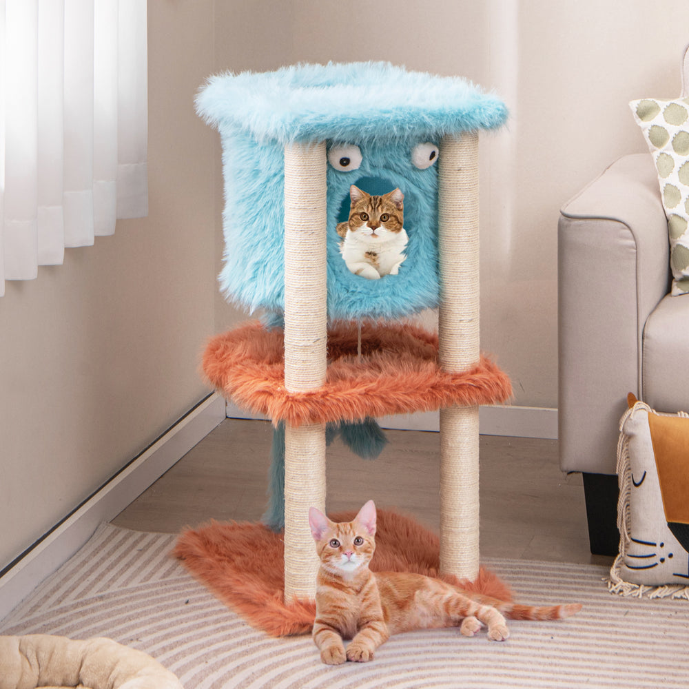 Cute monster-themed cat tower in blue with plush condo, sisal scratching post, and playful design for indoor cats.