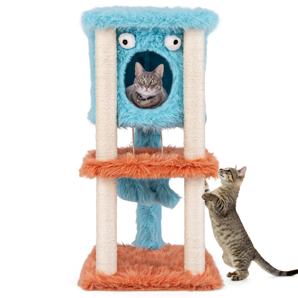 Cute monster-themed cat tower in blue with a cozy condo, sisal scratching posts, and plush hanging toys for playful.