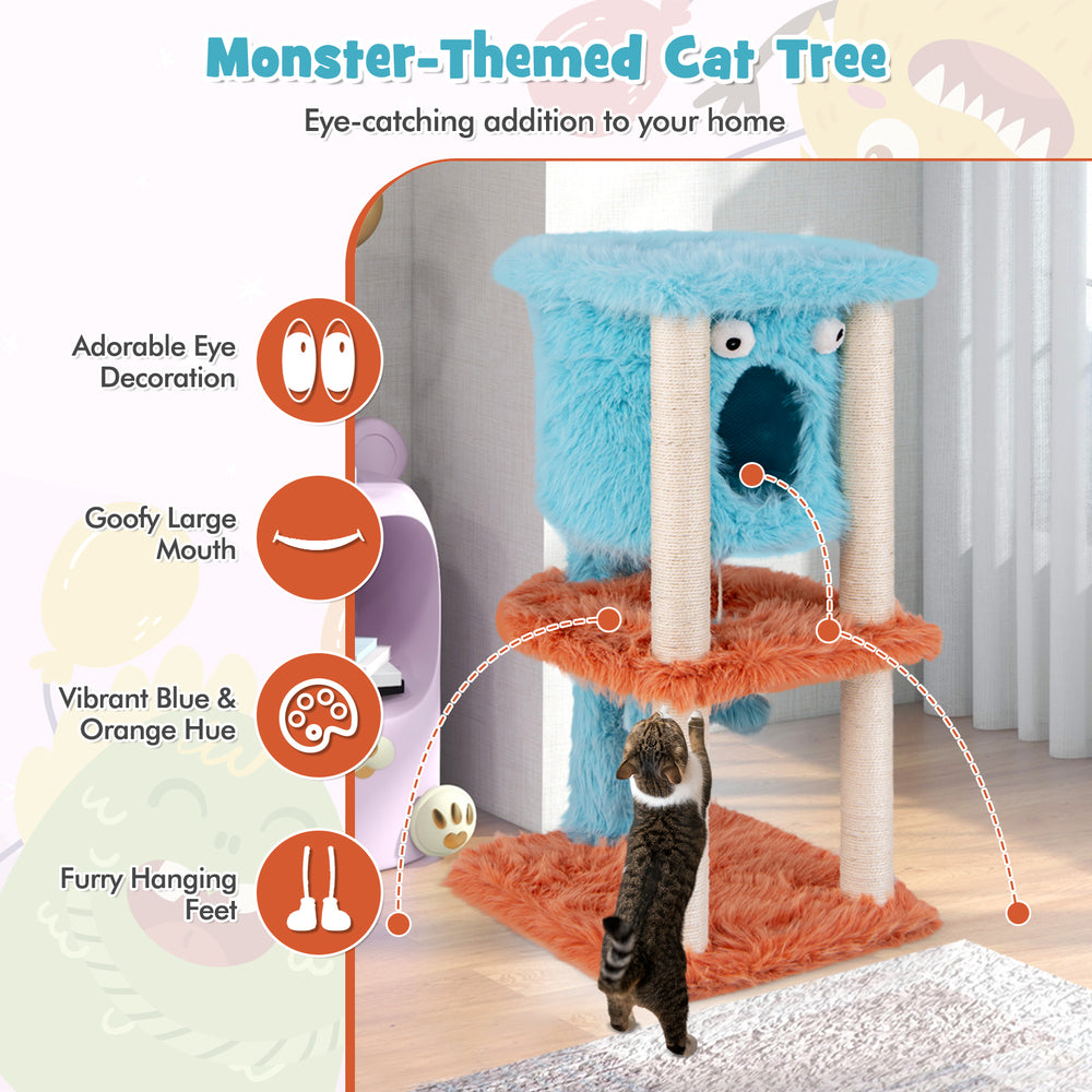 Cute monster-themed cat tower in vibrant blue with plush fabric, featuring a hanging condo and sisal scratching post.