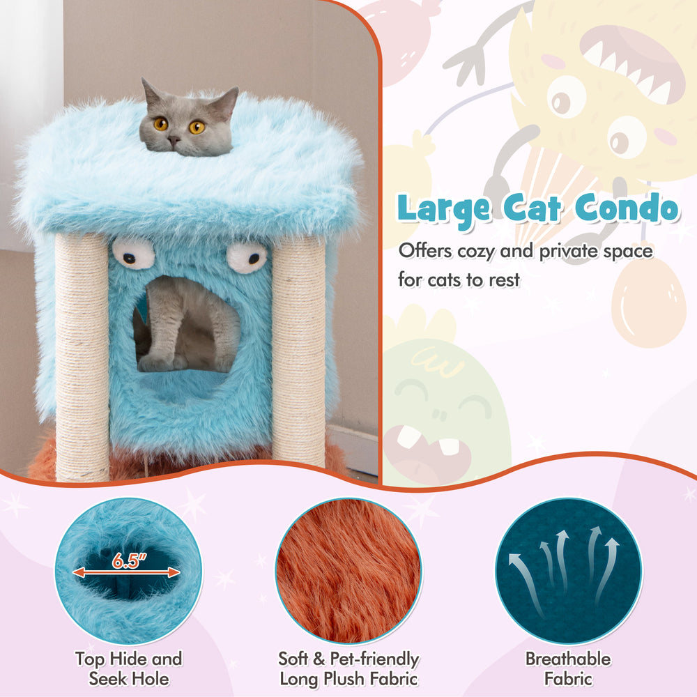Cute monster-themed cat tower with a cozy condo, soft long plush fabric, and sisal scratching post for playful cats.