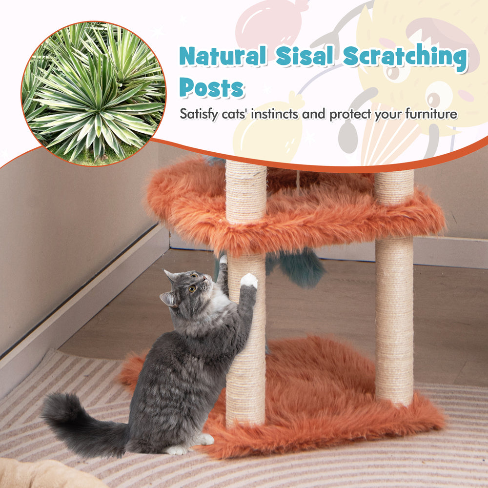 Cute monster-themed cat tower featuring natural sisal scratching posts and soft plush fabric for comfort and play.