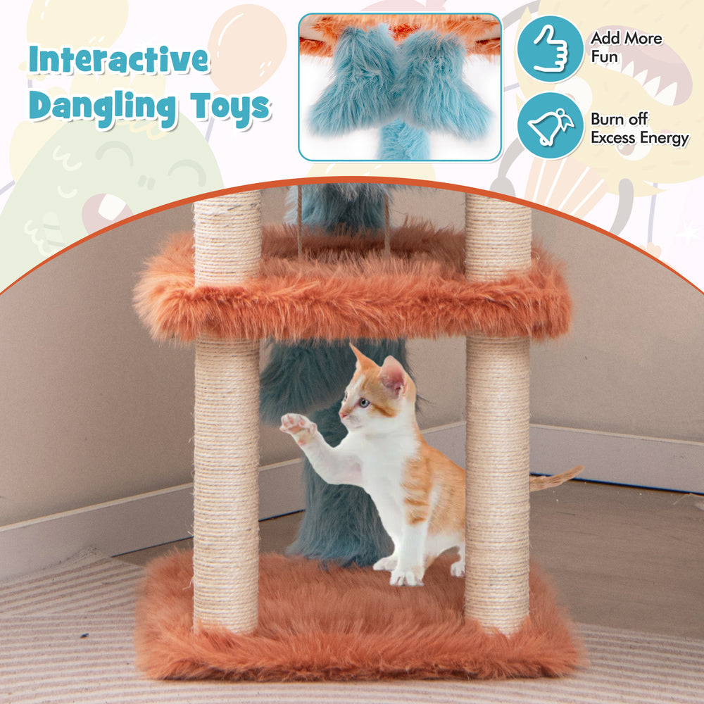 Cute monster-themed cat tower with plush hanging toys and sisal scratching post for playful and cozy cat adventures.
