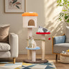 Mushroom-shaped cat tree with padded platforms and sisal scratching posts, perfect for playful and cozy cat lounging.
