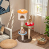 Cute mushroom cat tree featuring padded platforms and sisal scratching posts, perfect for playful cats in a cozy living.