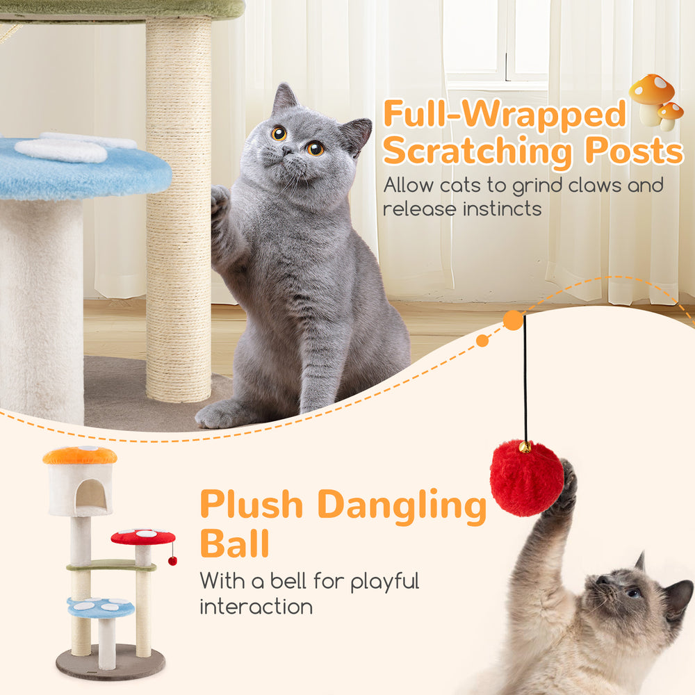 Cute mushroom cat tree featuring sisal scratching posts and a plush dangling ball for playful interaction and cozy.