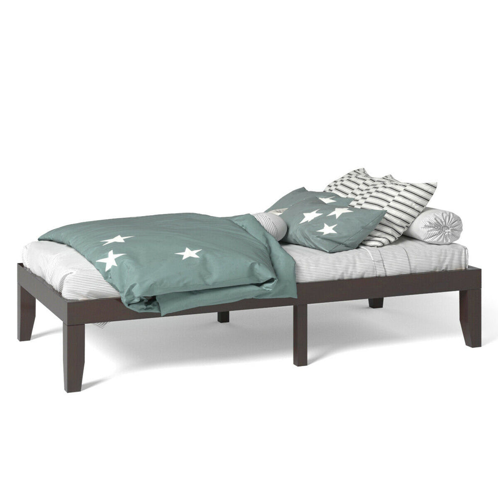 Twin size wooden bed frame in brown with solid rubberwood, featuring modern design and 10.5" under-bed storage.