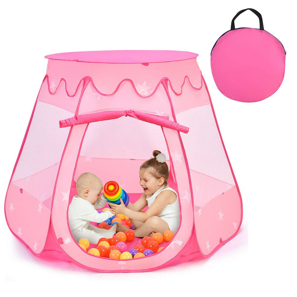 Pink portable kid play tent with mesh windows, featuring two children playing with colorful balls, ideal for.