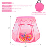 Pink portable kid play tent with mesh windows, pop-up design, and 100 balls for imaginative play indoors or outdoors.