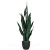 Indoor-outdoor artificial snake plant with 35.5-inch tall slender leaves in a sturdy black pot, perfect for any decor.