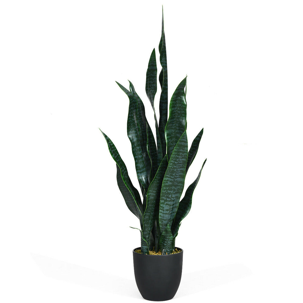 Indoor-outdoor artificial snake plant with 35.5-inch tall slender leaves in a sturdy black pot, perfect for any decor.