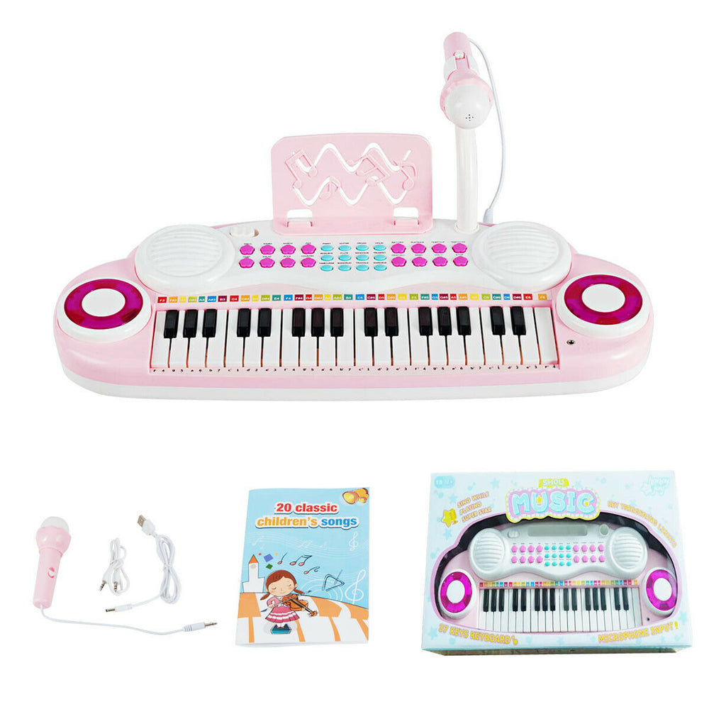 Multifunctional pink 37-key electric keyboard piano with microphone, recording features, and included accessories for.