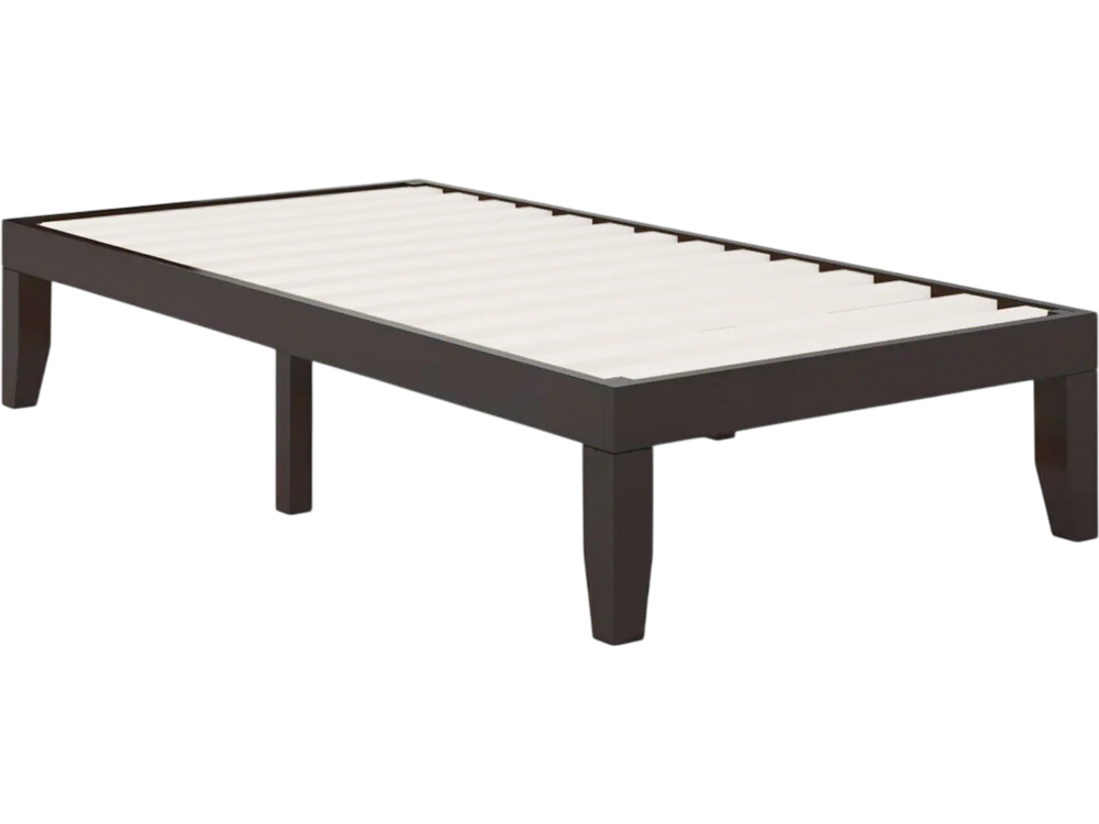 Twin size wooden bed frame with solid rubberwood and poplar slats, featuring a modern design and 10.5" under-bed.