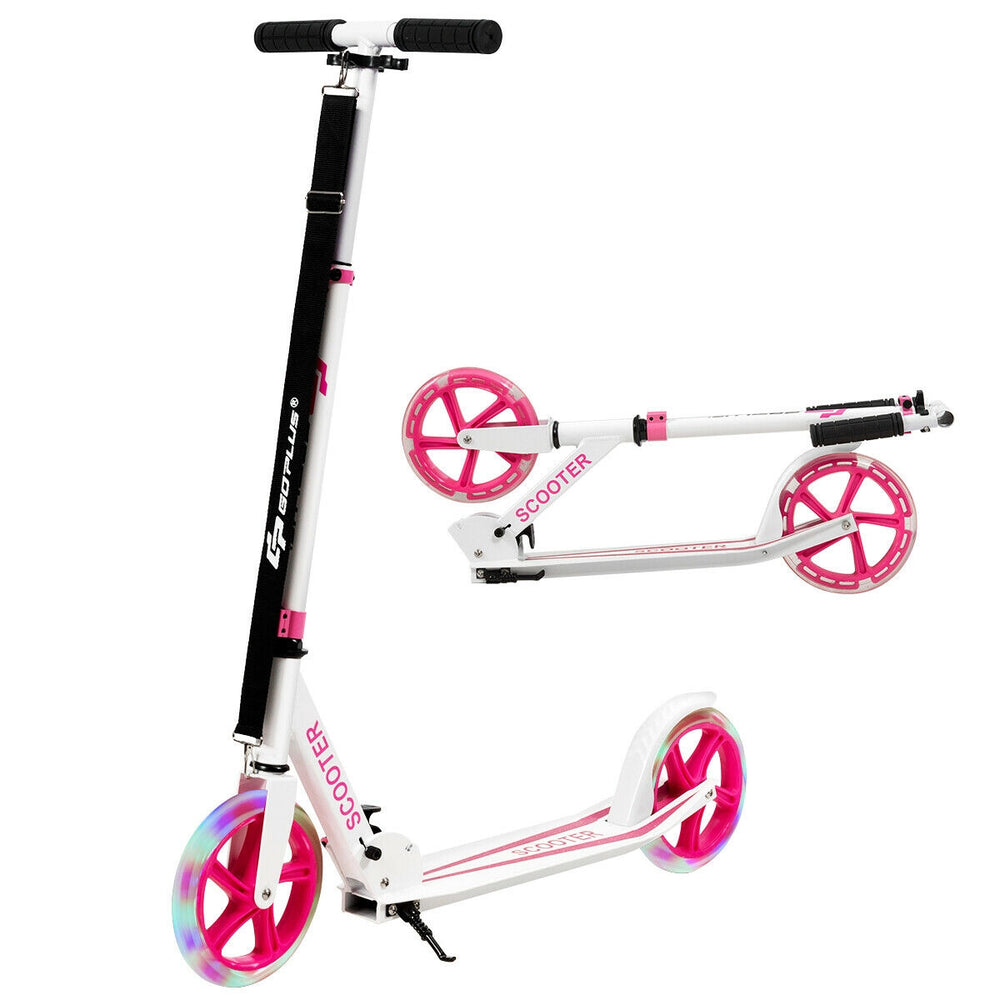 Portable folding sports kick scooter in pink with LED wheels, adjustable height, and collapsible design for easy.