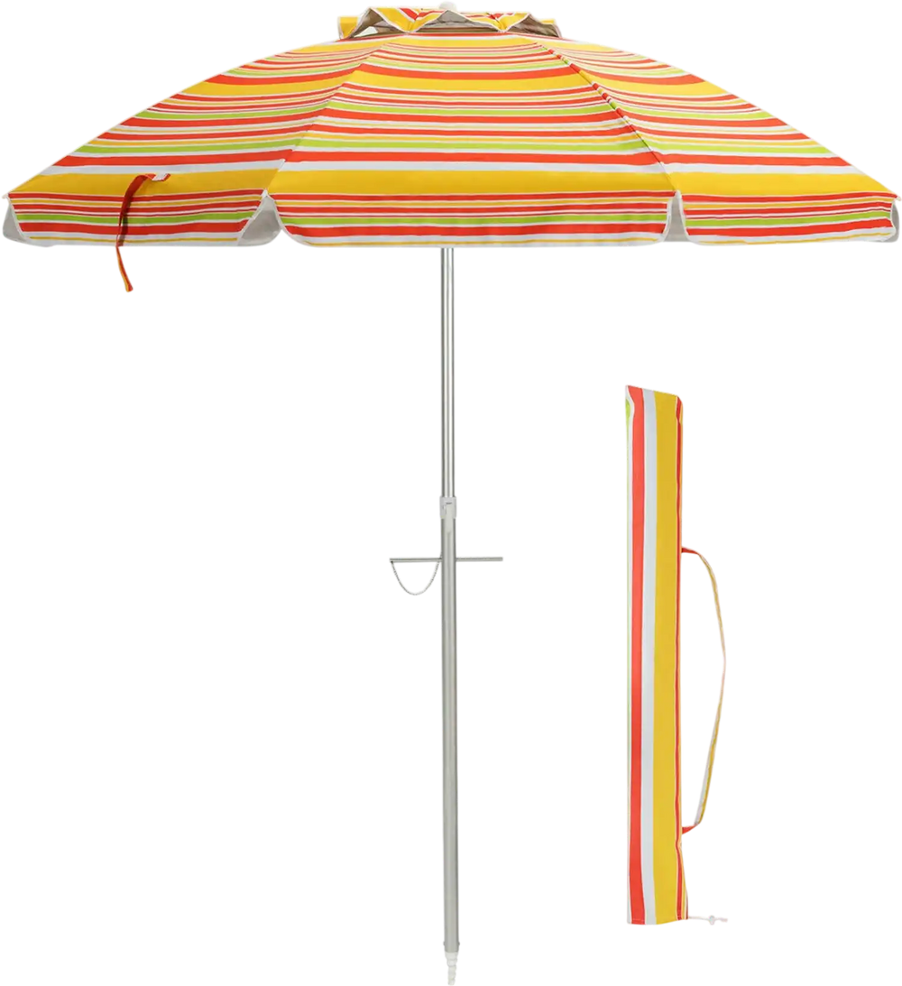 6.5ft beach umbrella with orange and yellow stripes, featuring UPF 50+ sun protection and a carry bag for easy.