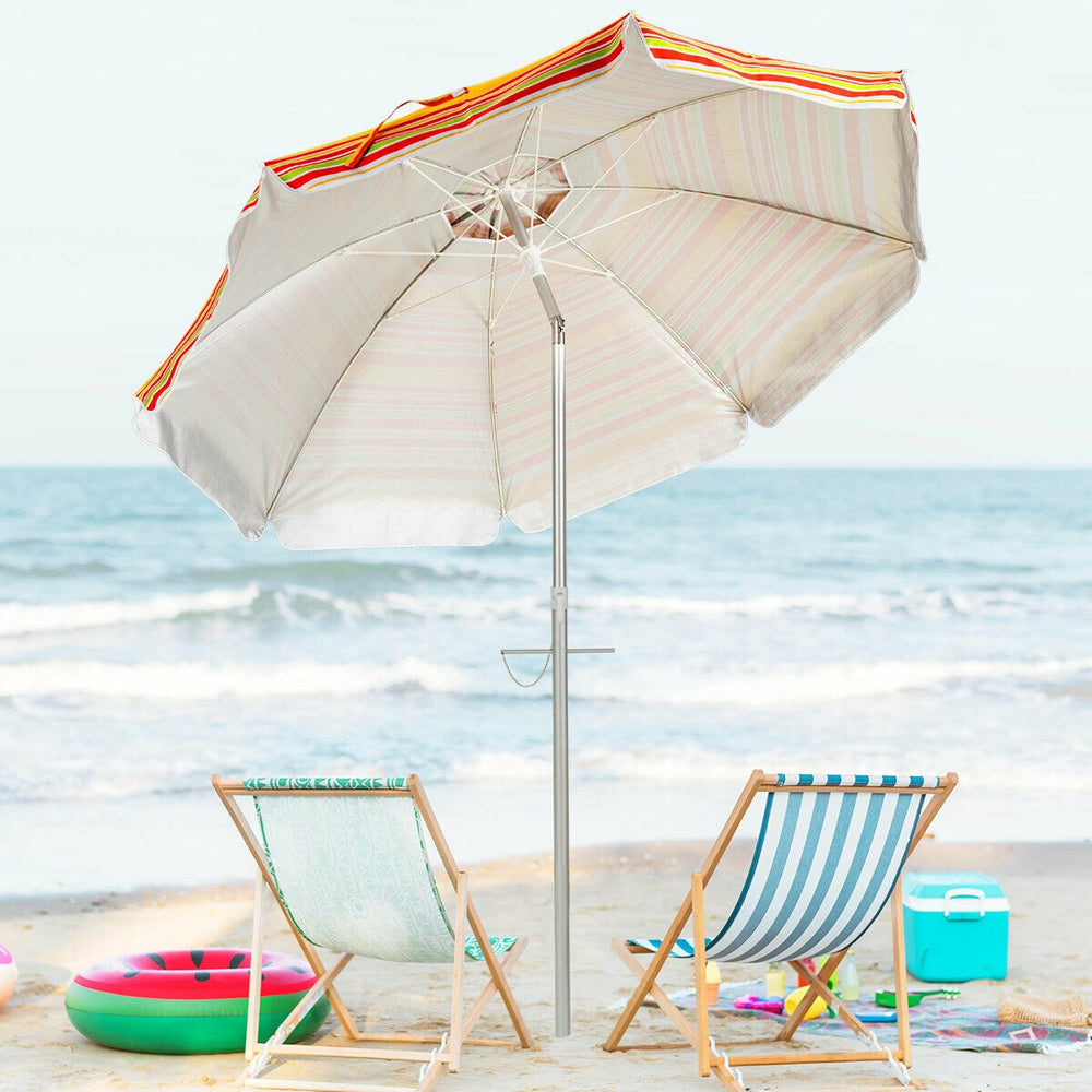 6.5 feet beach umbrella with UPF 50+ sun protection, featuring a tilt mechanism and carry bag, ideal for outdoor.