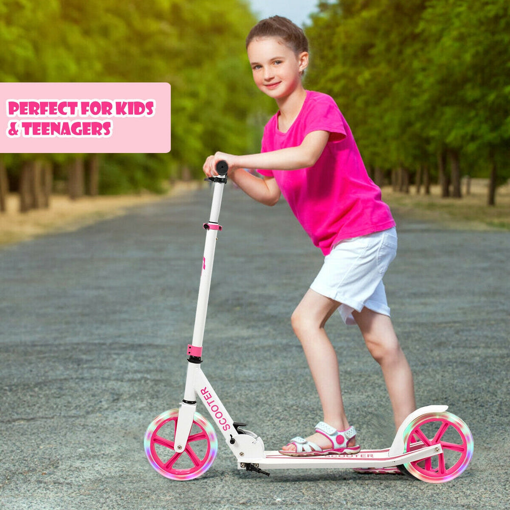 Portable folding sports kick scooter in pink with LED wheels, adjustable height, perfect for kids and teenagers.