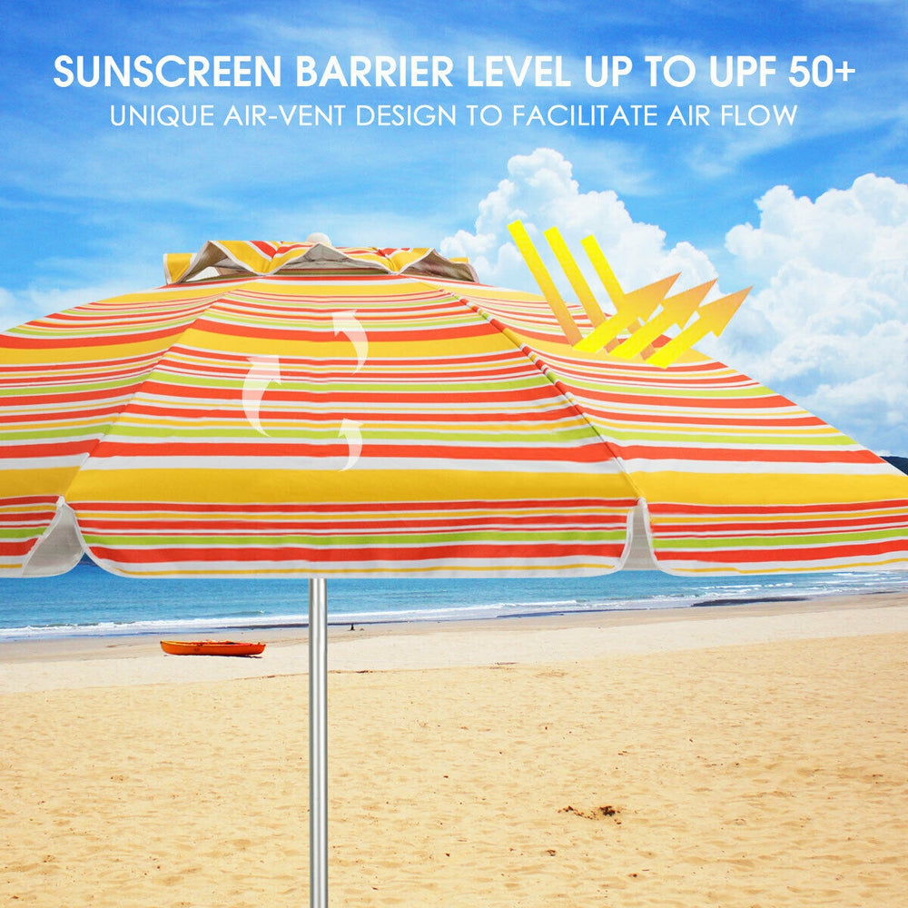 6.5ft beach umbrella in orange with UPF 50+ sun protection and air-vent design, perfect for outdoor leisure and picnics.