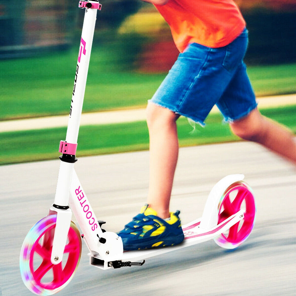 Portable folding sports kick scooter in pink with LED wheels, designed for children, featuring adjustable height.