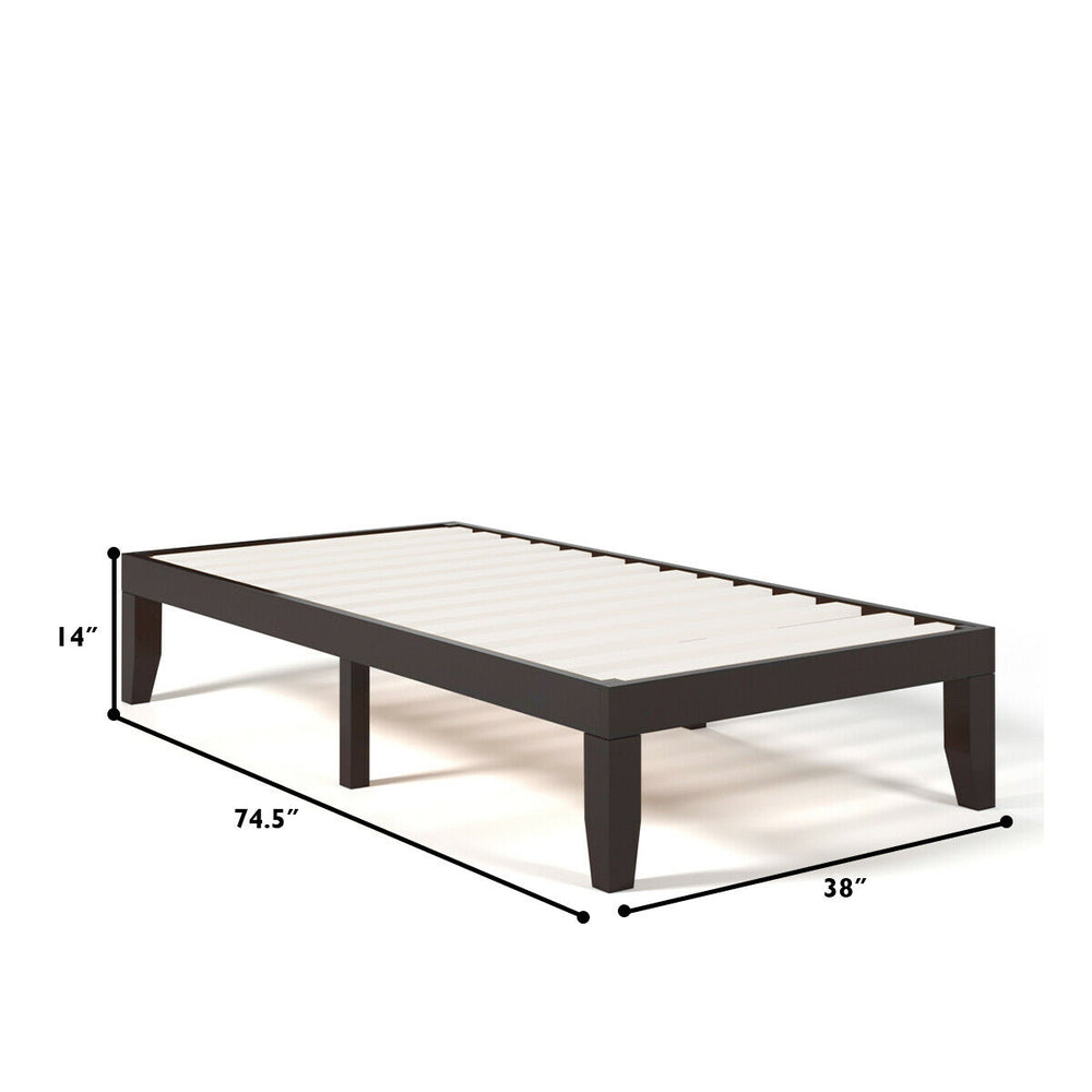 Twin size wooden bed frame with 14-inch height, solid rubberwood, and poplar slats for sturdy mattress support.