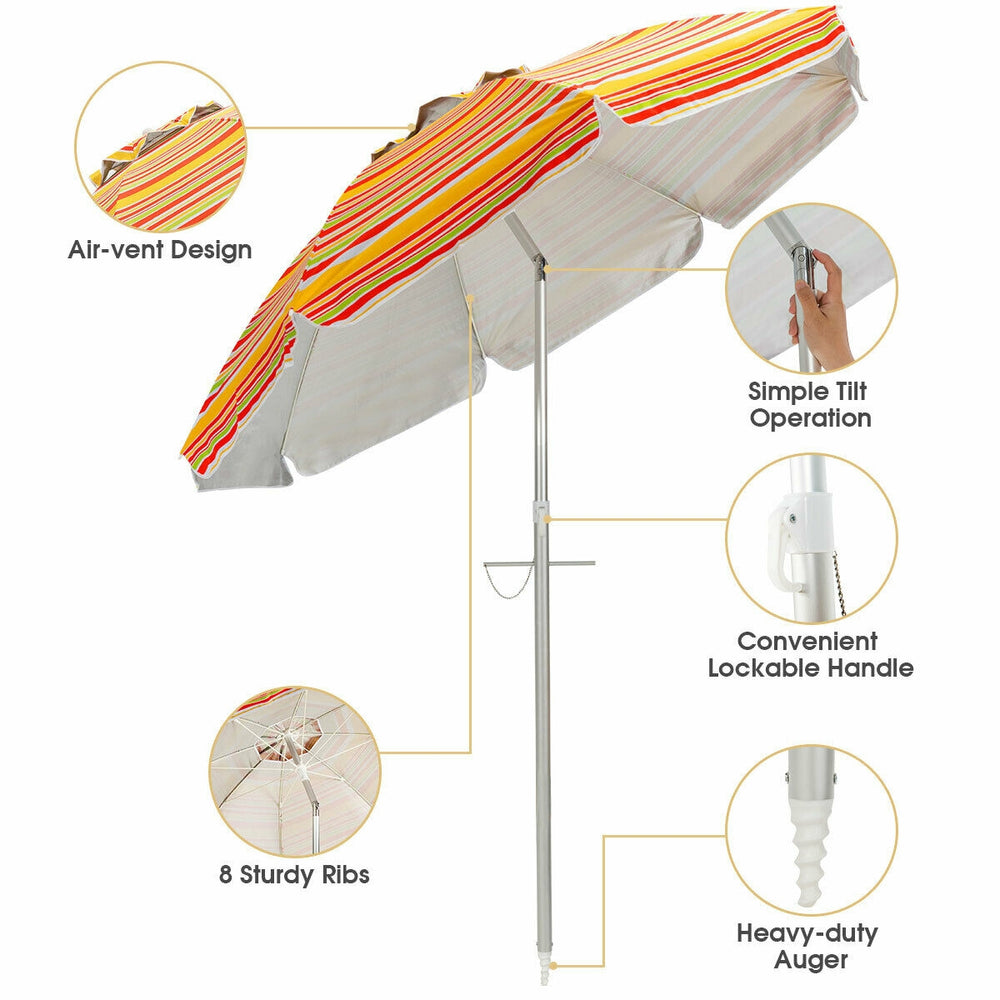 6.5ft beach umbrella with orange stripes, featuring UPF 50+ sun protection and a tilt mechanism for adjustable shading.