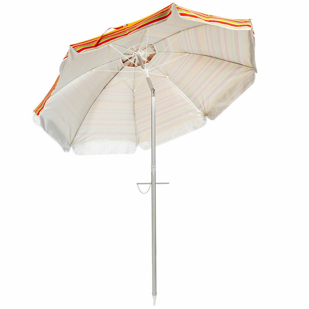 6.5ft beach umbrella with UPF 50+ sun protection, fiberglass ribs, and carry bag, perfect for outdoor leisure.