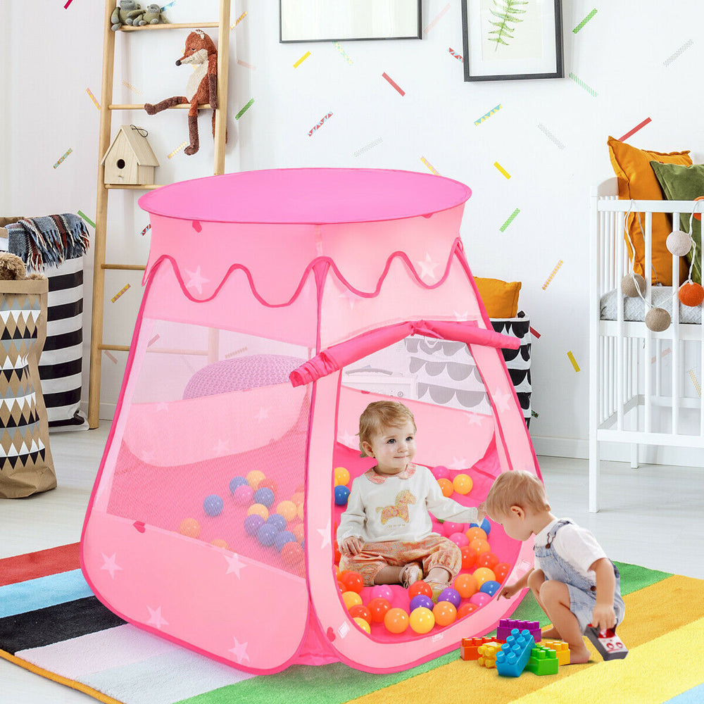 Pink portable kid play tent with mesh windows, featuring 100 colorful balls, perfect for imaginative play at home or.