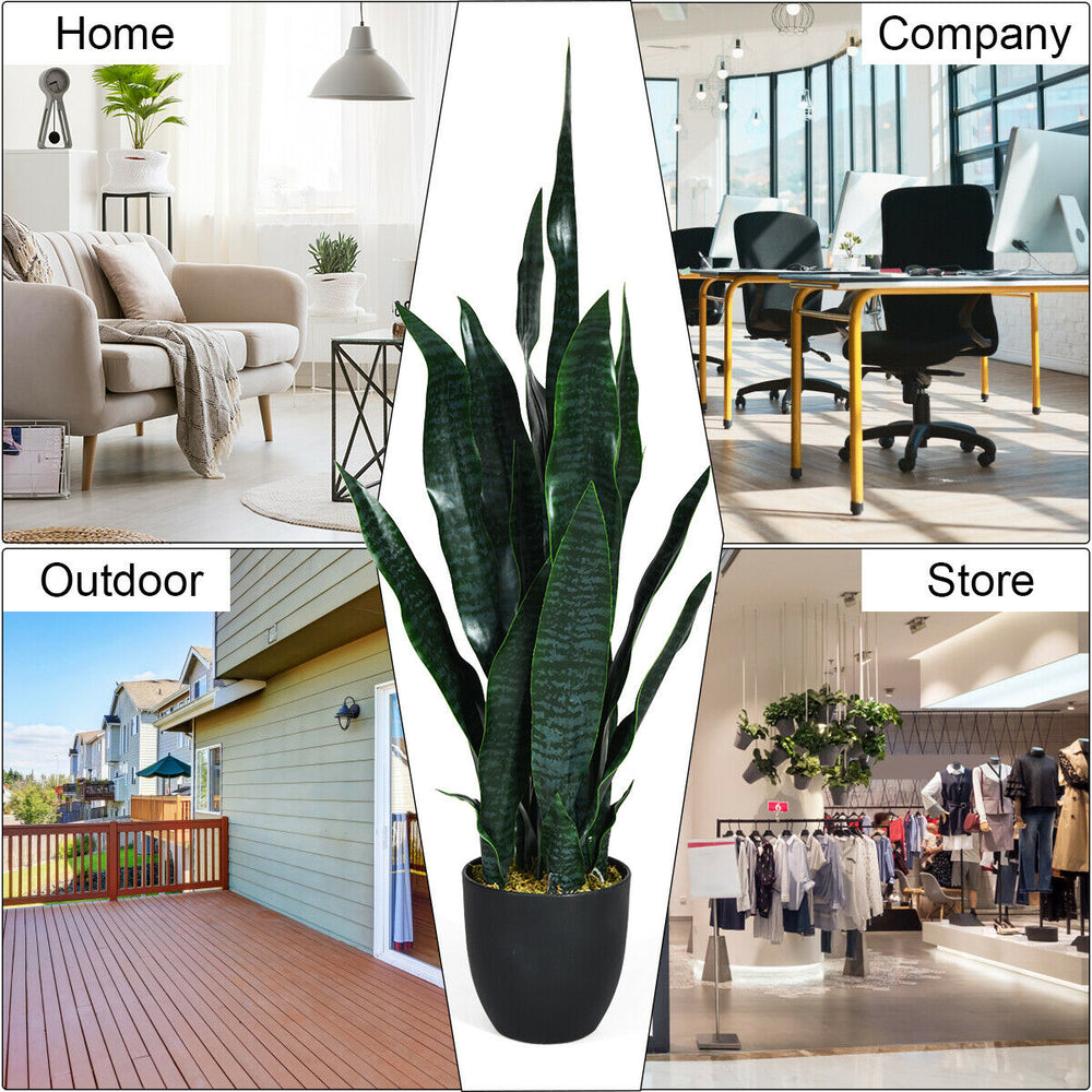 35.5-inch artificial snake plant with 20 vivid leaves in a sturdy pot, perfect for indoor and outdoor decor.
