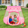 Pink portable kid play tent with mesh windows, featuring children playing inside with colorful balls in a backyard.