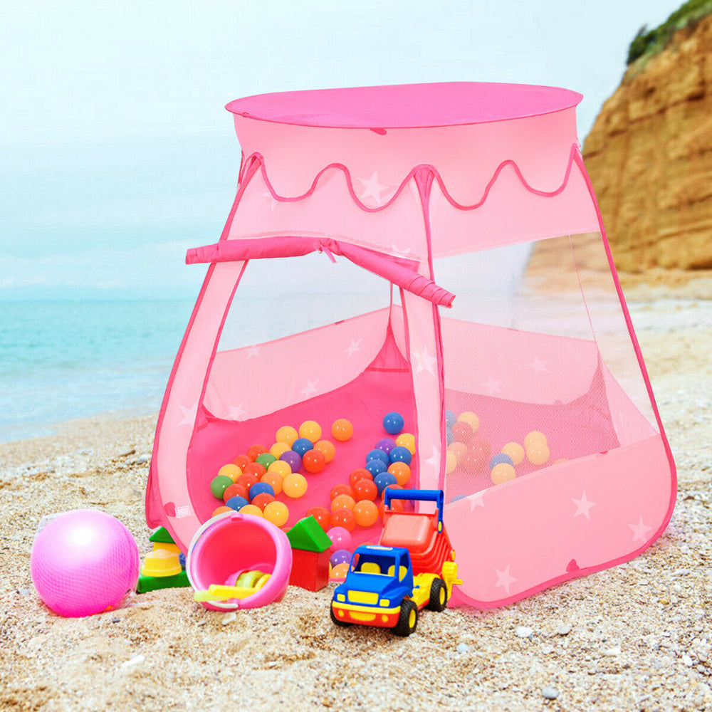 Pink portable kid play tent with mesh windows and 100 colorful balls, perfect for outdoor play and easy storage.
