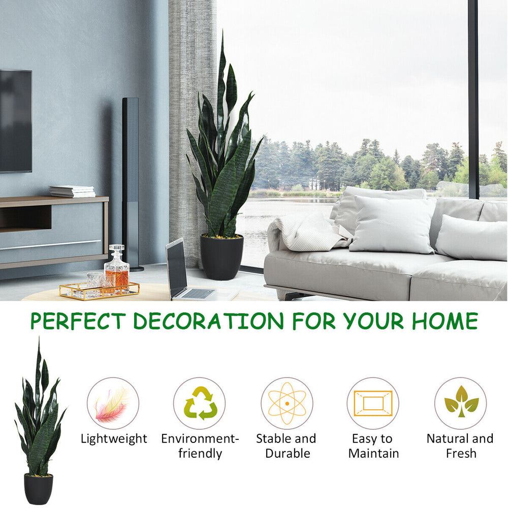 35.5-inch indoor-outdoor artificial snake plant with 20 vivid leaves in a sturdy pot, perfect for home decor.