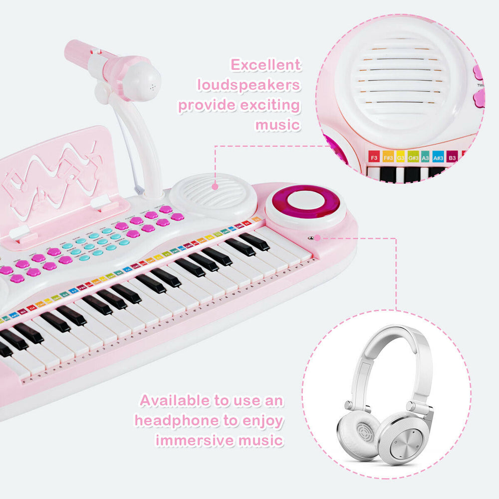 Multifunctional pink electric keyboard piano with 37 keys, microphone, and headphone jack for immersive music enjoyment.
