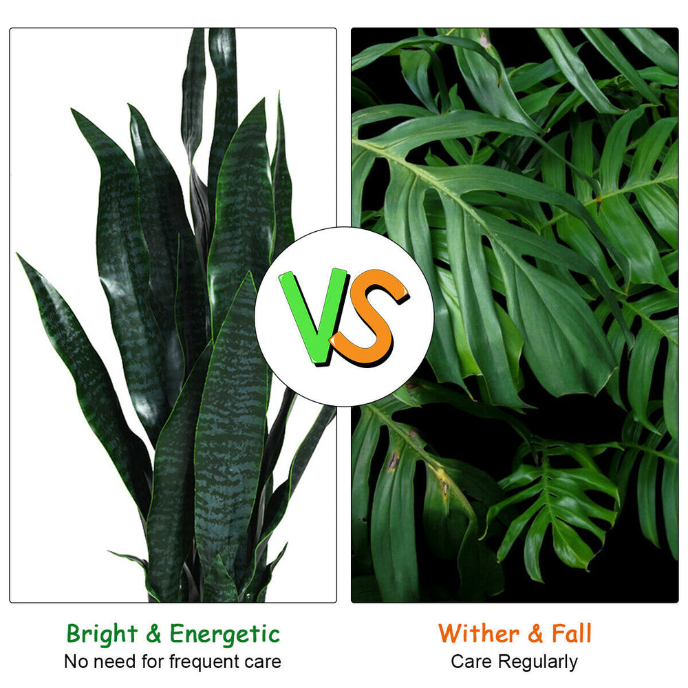 35.5-inch artificial snake plant with 20 vivid leaves, perfect for indoor and outdoor decor without maintenance.