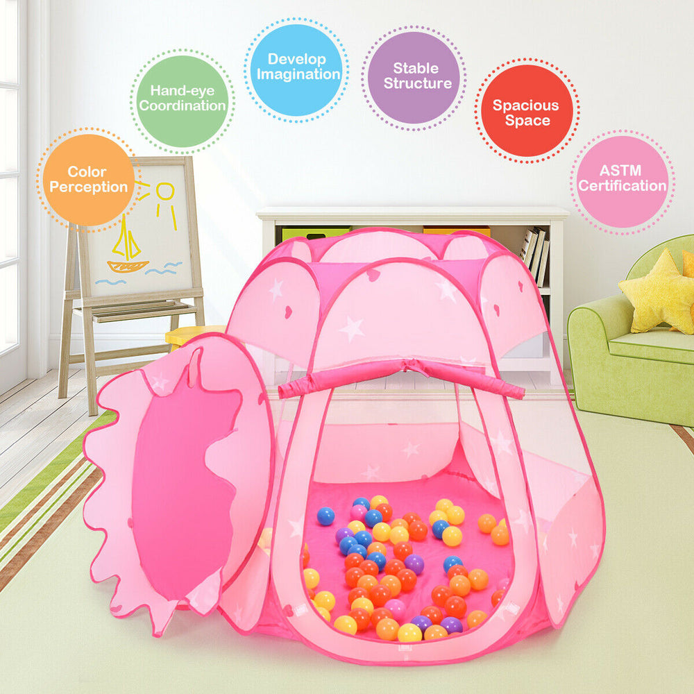 Pink portable kid play tent with mesh windows and 100 colorful balls, perfect for imaginative play at home or outdoors.