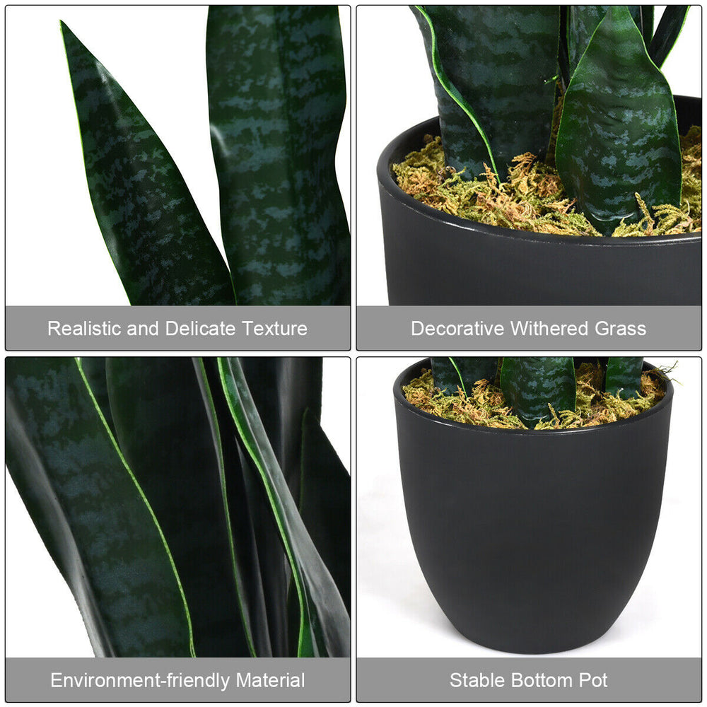 Close-up of the 35.5-inch artificial snake plant with realistic leaves in a stable black pot, perfect for indoor decor.