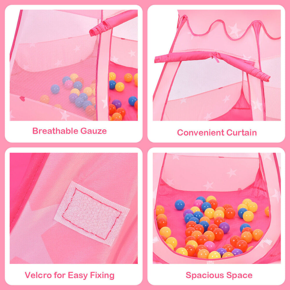Pink portable kid play tent with mesh windows, convenient curtain, and 100 colorful balls for imaginative play.