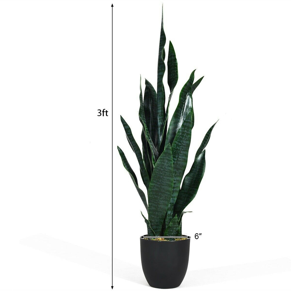 Tall artificial snake plant with 20 leaves in a sturdy black pot, perfect for indoor and outdoor decor.