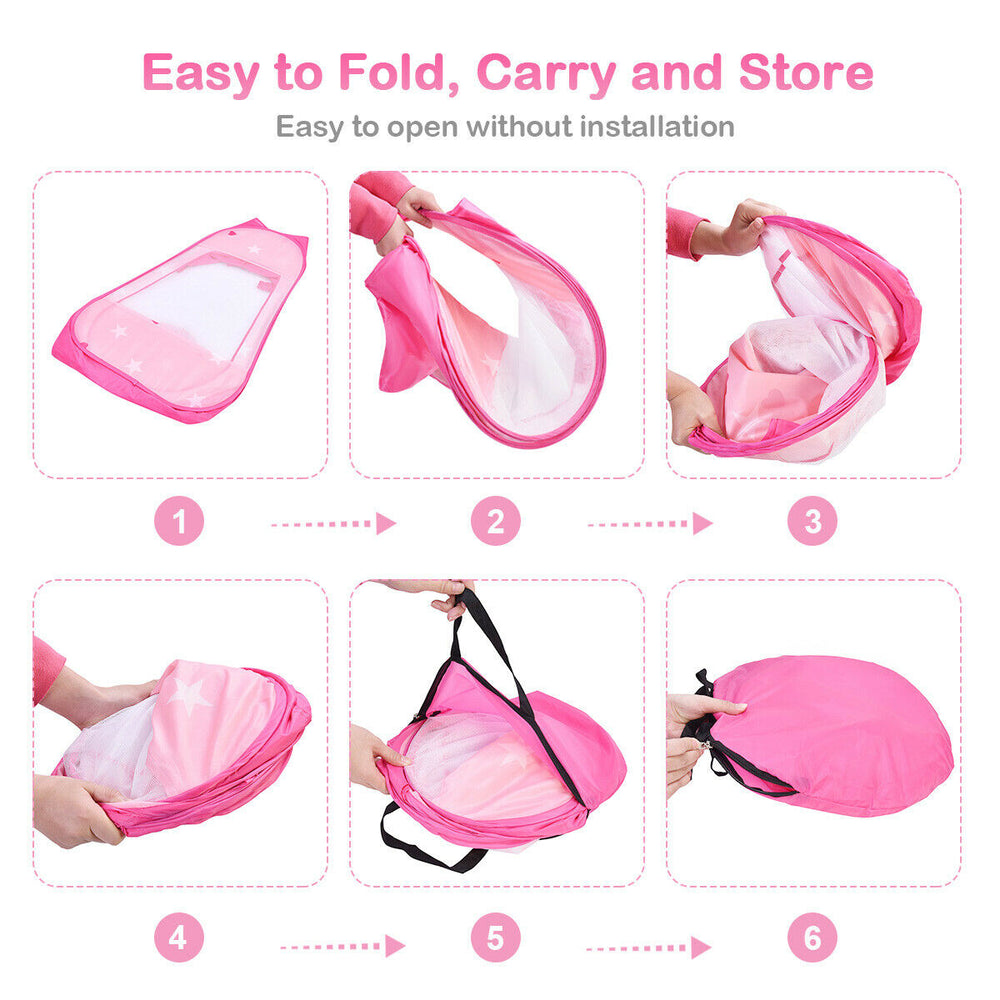 Pink portable kid play tent with mesh windows, showcasing easy folding and storage for imaginative play anywhere.