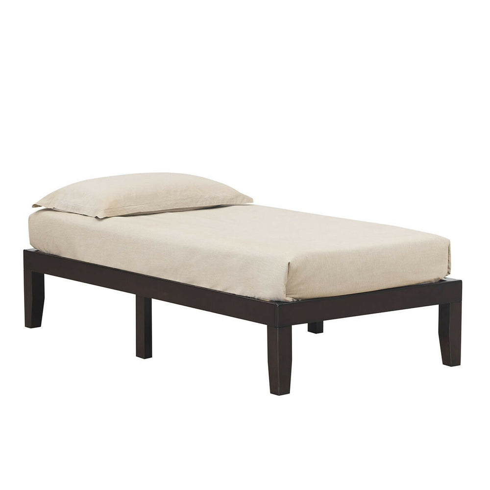 Twin size wooden bed frame in brown with solid rubberwood, 14-inch slats, and 10.5-inch under-bed storage space.